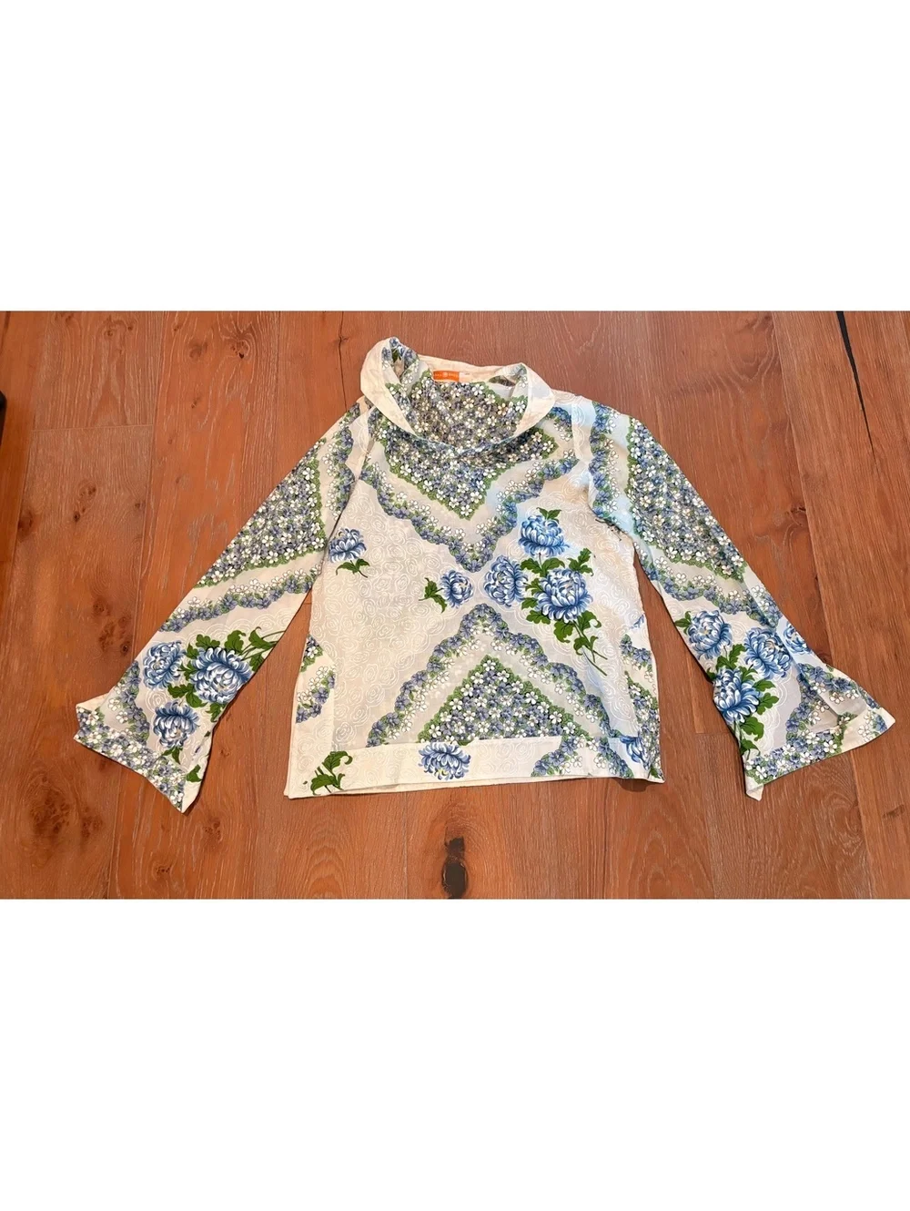 Tory Burch Blue Floral Long Sleeve Blouse Bell Sleeve Cottagecore Size 8
